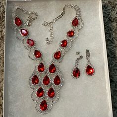 Red Diamond Necklace And Matching Earrings! Costume Jewelry, Perfect To Dress Up An Outfit For A Fancy Night Out! Never Worn. Red Diamond Necklace, Dress Up An Outfit, Costume Jewelry Sets, Red Diamond, Wedding Decoration, Matching Earrings, Hair Removal, Lady In Red, Costume Jewelry