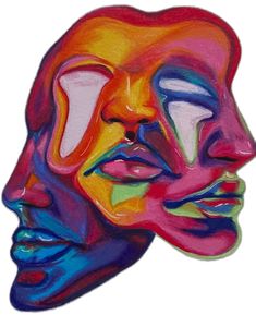 an abstract painting of two people's faces with different colored lines on the face