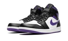 The Air Jordan 1 Mid “Dark Iris” is a colorway of the mid-top version of Michael Jordan’s first signature shoe that unofficially shows love to the Sacramento Kings.  Dressed in the basketball team’s black, white, and purple team uniform colors, the “Dark Iris” is in no way affiliated with the Kings, but brings to mind all of the great Player Exclusive Air Jordan colorways worn by former Kings players and Team Jordan members Mike Bibby and Mitch Richmond.  The shoe features a white perforated leather toe and mid-panel.  Contrasting black leather overlays appear on the forefoot, eyelets, collar, and heel.  A Dark Iris leather Swoosh is found on the sides.  The purple hue also appears on the “Wings” logo, on the collar, and on the Jumpman and “Air” branding on the tongue tag. Mitch Richmond, Mike Bibby, Air Jordan 1 Mid White, Jordan 1 Mid White, Jordan Ones, Nike Air Jordan 1 Mid, Air Jordan Sneakers, Purple Accents, Sacramento Kings