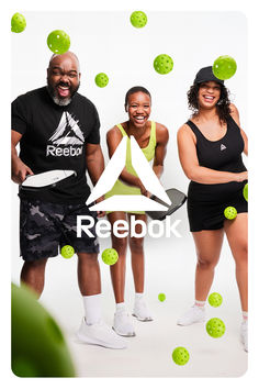 two women and a man are posing for a reebok ad