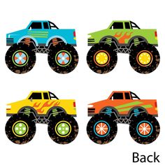 four monster trucks with different colors and designs on the front, back and side views