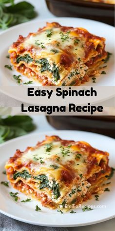 two plates filled with lasagna covered in cheese and spinach on top of each other