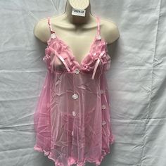 2pc Pink White Flower Open Back Babydoll Style Lace Lingerie Cute Pink Party Sleepwear, Cute Pink Sleepwear With Spaghetti Straps, Pink Nightie, Pink Lingerielook, Cheap Pink Lace Sleepwear, Feminine Pink Sleepwear With Delicate Lace, Lingerie Aesthetic, Pink Sheer Lace Sleepwear, Pink Sheer Camisole Sleepwear