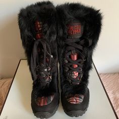 Coach Jennie Signature "C" Plaid With Rabbit Fur Trim Bootie Boots Product Details: Op Art Jacquard Boot Genuine Rabbit Fur Trim Rubber Sole Lace-Up Style. Approx. Boot Shaft Height: 8 3/4"; 15 3/4" Calf Circumference Size: 6.5m Adidas Fur Boots, Aeropostale Fur Boots, Pure Vigilance Boots, Fur Trim Ankle Boots, Black Lace Up Boots With Fur, Brat Doll Boots, Fur Top Boots, Jennie Signature, Boxer Boots