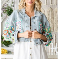 Brand New With Tags! Crochet Contrast Sleeve And Pocket Denim Jacket -Light Wash Denim -Color Crochet Contrast -Collared Neck -Button Down Closure -Relaxed Shoulder -Crochet Front Pocket -Crochet Sleeve 100% Cotton Boho Lace Blouse, Summer Festival Birthday Date Night Cruise Bohemian Vintage Flirty Hippie Bohemian Chic Trendy Coverup Beach Tropical Vacation Coachella Summer Outfit, Summer Lace Dress Blogger Style Boho Lace Blouse, Summer Festival Birthday Date Night Cruise Bohemian Vintage Flirt Spring Patchwork Outerwear, Multicolor Denim Jacket For Spring, Multicolor Denim Jacket For Fall, Spring Multicolor Denim Jacket, Fall Multicolor Denim Jacket, Spring Medium Wash Outerwear For Day Out, Multicolor Fall Outerwear For Brunch, Multicolor Outerwear For Fall Brunch, Spring Patchwork Denim Jacket In Medium Wash