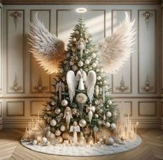 a christmas tree decorated with angel wings and ornaments