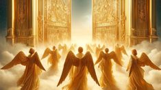 the angels are standing in front of an open door with golden doors and clouds surrounding them