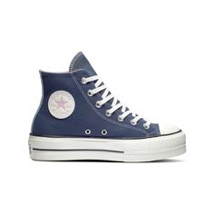 a blue converse high top sneaker with white laces and a star on the side