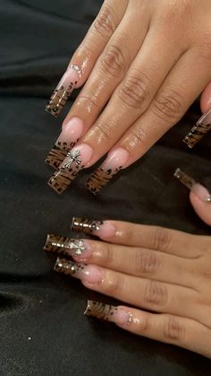 #nails #nailinspo #acrylics Brown And Cheetah Nails, Croc Skin Nails, Brown Cheetah Print Nails, Brown Cheetah Print, Cheetah Nails, Nails Design With Rhinestones, Print Nails, Nail Idea