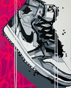 a painting of a pair of sneakers on a pink and white background with spray paint