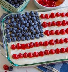 an american flag cake with blueberries and raspberries in the middle on a table