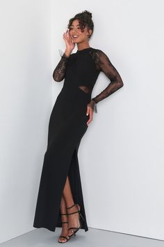 Bragging Rights Black Lace Long Sleeve Column Maxi Dress Lace Long Sleeve, Lace Sleeves, Sheer Lace, Wedding Guest, Black Lace, Maxi Skirt, Maxi Dress, Lace, Long Sleeve