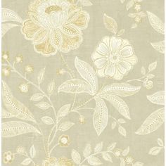 a beige and gold floral wallpaper with leaves, flowers, and vines on it