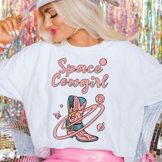 Get Ready For A Night Out Or Comfy Stay In With Our Distressed "Space Cowgirl" Tee. Size Up For An Oversized Fit! Handmade By A Small Business. Casual Graphic Print T-shirt For Pajama Party, Trendy Tops For Spring Sleepover, Casual White Top For Sleepover, Pink Graphic Print Top For Pajama Party, Crew Neck Tops For Spring Sleepover, Spring Crew Neck Top For Sleepovers, Trendy Cotton Tops For Pajama Party, Trendy Short Sleeve Tops For Pajama Party, Cute Crew Neck Tops For Pajama Party