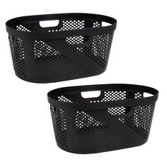 two black plastic baskets sitting next to each other