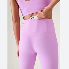 Color: Orchid (Light Purple Pink) Size: Medium Condition: New Solid: 75% Nylon/25% Lycra@ Elastane Shine: 75% Recycled Polyester/25% Lycra Elastane Rib: 85% Nylon/15% Elastane Fitted, High Rise, Hits At That Sweet Spot Right Above The Ankle For A Less-Restrictive Feel Purple Stretch Activewear For Running, Purple Athleisure Activewear For Running, Purple Athleisure Yoga Pants For Running, Purple Sporty Leggings For Pilates, Sporty Purple Leggings For Pilates, Purple Athleisure Leggings For Running, Sporty Purple Yoga Leggings, Purple Compression Sporty Activewear, Purple Athleisure Activewear For Yoga