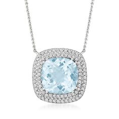 Ross-Simons - 4.00ct Aquamarine Pendant Necklace, .24ct t. w. Diamonds. 16". Whether you love aquamarine for its fresh, fabulous hue or because it is your dazzling March birthstone, this gemstone pendant necklace is an opulent choice for any discerning jewelry box. Featuring a glorious 4.00 carat square cushion-cut aquamarine gem framed by a lush border of .24 ct. t. w. round brilliant-cut diamonds. Set in polished 14kt white gold on a cable chain. Springring clasp, diamond and aquamarine pendan Formal Cushion Cut Gemstone Necklace, Fine Jewelry Diamond Gemstones With Diamond Cut, Cushion Cut Diamond Gemstones For Fine Jewelry, Platinum Gemstone Necklace In Fine Jewelry Style, Fine Jewelry Diamond With Diamond Cut, Cushion Cut Diamond Fine Jewelry, Luxury Cushion Cut Cubic Zirconia Necklace, Luxury Cubic Zirconia Cushion Cut Necklace, Cushion Cut Cubic Zirconia Fine Jewelry Necklace