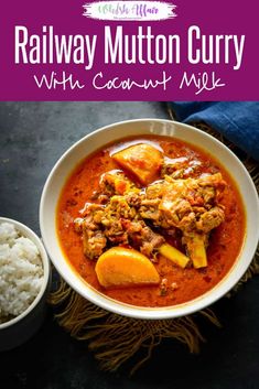 a bowl filled with curry next to rice