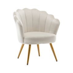 a white chair with gold legs and an upholstered shell shaped back, on a white background