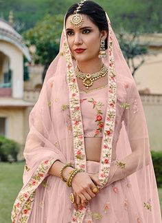 Buy Bridesmaid Lehenga Choli - HATKAY Traditional Lehenga, Embroidery Traditional, Net Lehenga Choli, Bridesmaid Lehenga, Pink Thread, Net Lehenga, Lehenga Choli Online, Asian Bridal, Wedding Lehenga