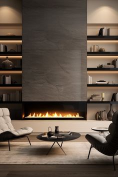 a modern living room with a fireplace and two lounge chairs in front of the fire place