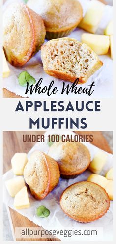 some muffins are sitting on top of each other with the words whole wheat applesauce muffins under 100 calories