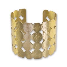 Sizing : 2" W x 7" L - Adjustable Material: High-Polished Brass 4 Rows of Hammered Joined Circles Solid Brass Statement Cuff Bracelet With Joined Circles, with Four rows of Circular Brass. Sealed with triple baked on lacquer which will protect the cuff from oxidation, providing long-lasting wear & durability. Perfect for men with average wrists or women with larger wrist sizes. Caring for this luxury cuff is simple - avoid exposing it to water or harsh chemicals and it will maintain its luxurious look for years to come. Statement Cuff Bracelet, Polished Brass, Cuff Bracelet, Solid Brass, Chemicals, Circles, Long Lasting, Cuff, Brass