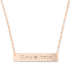 With a Couple's Heart Rose Gold Name Bar Necklace you can show off your love in style. The rose gold bar necklace is 1 1/4 inches long and 1/4 wide and hangs from a 16 inch sparkling rolo chain with a 2 inch extender. You can customize this piece with your name and the name of your loved one on either side of a small heart at the center of this necklace. Create this personalized rose gold couple's name bar for the one you love!  Details: • Rose Gold Bar • Two Name Engravings • Engraved Heart • 1 Coordinates Jewelry, Rose Gold Bar, Monogram Jewelry, Gold Bar Necklace, Cz Stud Earrings, Gold Bar, Rolo Chain, Engraved Jewelry, Small Heart