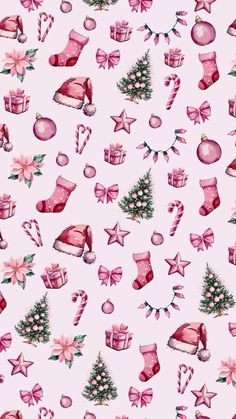 a pink christmas pattern with presents, stockings and ornaments on the bottom right corner is an ornament that looks like santa's stocking