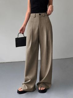 Divine Pleat Wide Leg Dress Pants Mid Waist Pants, Jeans Overall, Cozy Coats, Wide Leg Dress Pants, Winter Pants, Plain Style, Long Midi Dress, Pantalon Large, Working Woman