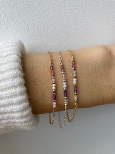 This dainty little bracelet features beautiful gemstones that  compliment each other and are known for their calming influence and ability to promote a sense of calm, well- being and self- love. D E T A I L S  *It features high quality micro- faceted rose quartz,  amethyst, howlite, blue lace agate and pink tourmaline. *Beads are very small measuring between 2.25 and 2.5 mm. *They are separated by seamless gold filled beads *Choose between and  an 18k gold Filled/ rose gold filled or 925 sterlin Dainty Birthstone Jewelry For Healing, Dainty Jewelry With Natural Stones For Healing, Adjustable White Rose Quartz Jewelry, Dainty Gemstone 14k Gold Filled Bracelets, Dainty White Gemstone Beads Bracelet, Dainty White Rose Quartz Jewelry, Delicate Adjustable Crystal Bracelet With Gemstone, Delicate Adjustable Crystal Gemstone Bracelet, Dainty Crystal Bracelet With Gemstone Beads For Everyday