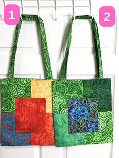 "Jazz up your wardrobe with one of these beautiful and practical patchwork shopping totes.  They are all lined have a pockets on the front and inside (Note that Bag 2 does NOT have an inside pocket).  In addition they have interfacing which gives them a bit stiffer feel so they should retain their shape better.  The multiple fabrics used give them a boho chic style.   The numbers on the photo correspond to the bag choice.  For example if you choose Bag 1 you will get the bag with the number one in the photos. **I HAVE LOTS OF COLORS COMBOS AVAILABLE.  VISIT MY SHOP TO SEE MORE OPTIONS** They measure about 14 1/2\" long and 12 1/2\" wide with a handle drop of about 13\".  Get one for yourself and one for a friend.  They make a great gift and can fit so much in them. The price listed is for Multicolor Fabric Bags With Pockets, Green Quilted Square Bag, Square Green Quilted Bag, Green Patchwork Shoulder Bag For Travel, Green Patchwork Tote Shoulder Bag, Green Patchwork Shoulder Bag For Daily Use, Green Patchwork Shoulder Bag For Everyday, Everyday Green Patchwork Bags, Everyday Green Patchwork Shoulder Bag