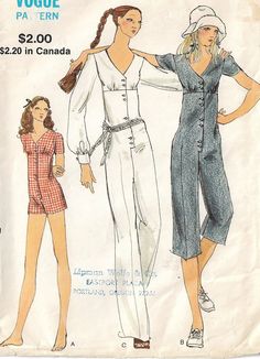 1970s Womens Empire Waist Jumpsuit in 3 Lengths Vogue Sewing - Etsy Fitted V-neck Jumpsuits And Rompers With Buttons, Fitted Jumpsuit And Romper With Button Closure And V-neck, Fitted Jumpsuit With Button Closure And V-neck, Fitted V-neck Jumpsuit With Button Closure, Vintage Bathing Suit Patterns, Diy Romper, Quilting Stars, 70s Inspiration, Vintage Bathing Suit