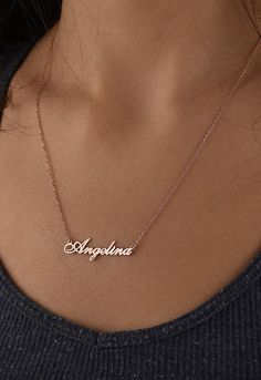 This personalized name necklace is 14k Solid GOLD ( not filled or plated).  Personalized solid gold necklace in 14k Gold, Rose Gold, White Gold.   #personalizednecklace #14kgoldnecklace #personalizedchoker #customnecklace #personalizedjewelry #personalizedgift #namenecklace #initialnecklace  #lovegifts #personalizedpendant #birthdaygiftromantic #romanticgifts #giftsforbestfriend Classic Custom Name Necklace For Birthday Gift, Sterling Silver Nameplate Necklace For Birthday, Sterling Silver Nameplate Necklace For Birthday Gift, Elegant Nameplate Charm Necklace For Birthday, Rose Gold Nameplate Necklace For Anniversary, Dainty Personalized Name Jewelry, Dainty Personalized Nameplate Jewelry, Classic Engraved Necklace For Birthday Gift, Custom Rose Gold Nameplate Necklace For Anniversary