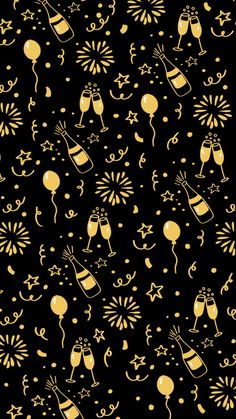 a black background with gold confetti, balloons and wine glasses in the shape of fireworks