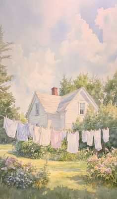 a painting of clothes hanging out to dry on a line in front of a house