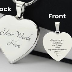 My little girl yesterday, my friend today, my granddaughter forever. Surprise your loved one by giving them this sweet Engraved Heart Necklace! It's a classic and heartfelt jewelry piece that is sure be treasured.   If the custom engraving option is available, you can choose to personalize onto the back of the pendant your loved one's name, a special date, or anything else you want to remember and keep you close to their heart. Each personalized piece offers exceptional craftsmanship that is fit Engraved White Heart Necklace For Mother's Day, White Engraved Heart Necklace For Mother's Day, Personalized Heart Necklace For Anniversary On Father's Day, Personalized Heart Necklace For Father's Day Anniversary, Engraved Heart Necklace For Birthday And Mother's Day, Customizable Heart Necklace For Mother's Day Keepsake, Personalized Heart Necklace For Mother's Day Keepsake, Inspirational Keepsake Jewelry For Mother's Day, Granddaughter Jewelry