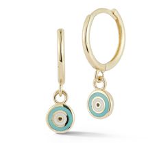 Boasting a vibrant design with a hint of mystical appeal, these 14K gold earrings are accented with round Evil Eye charms. From Luminosa Gold. Yellow Gold Enamel Huggie Jewelry, Small Hoop Yellow Gold Enamel Earrings, Yellow Gold Small Hoop Enamel Earrings, Yellow Gold Enamel Small Hoop Earrings, Yellow Gold Small Hoop Earrings With Enamel, Yellow Gold Enamel Huggie Earrings For Gift, Yellow Gold Enamel Huggie Earrings As Gift, Yellow Gold Enamel Hoop Earrings For Pierced Ears, Gold Enamel Round Huggie Earrings