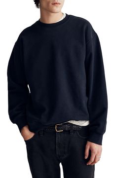 Inspired by vintage styles of the early '90s, this sweatshirt is made from supersoft brushed terry fleece with dropped shoulders and a slightly tapered waist. It's garment-dyed, meaning it gets its color at the fiber stage for a mellow, heathered effect. Crewneck 85% cotton, 15% polyester Machine wash, tumble dry Imported Washed Black Hoodie With Ribbed Cuffs And Crew Neck, Washed Black Sweatshirt With Ribbed Cuffs For Winter, Winter Washed Black Sweatshirt With Ribbed Cuffs, Sporty Washed Black Sweatshirt With Ribbed Cuffs, Washed Black Long Sleeve Sweater With Ribbed Cuffs, Long Sleeve Washed Black Sweater With Ribbed Cuffs, Long Sleeve Sweater In Washed Black With Ribbed Cuffs, Washed Black Crew Neck Sweatshirt With Ribbed Cuffs, Washed Black Crew Neck Sweater With Ribbed Cuffs