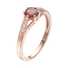 Adorned with a round-cut genuine garnet center stone and sparkling diamond accents, this 10k rose gold ring is simply stunning. Click on this JEWELRY & WATCHES GUIDE to learn about fit, styles, materials and more!RING DETAILS Width: 5 mm Metal: 10k rose gold Plating: pink & white rhodium Finish: polished Additional details: split-shank band Packaging: boxed STONE DETAILS Stone type: garnet Total weight: 5/8 ct. Center stone size: 5 mm x 5 mm Shape: round Setting: prong DIAMOND DETAILS Total weig Elegant Rose Gold Ruby Ring With Diamond Accents, Elegant Rose Gold Ruby Ring For Promise, Elegant Rose Gold Ruby Promise Ring, Elegant 14k Rose Gold Ruby Promise Ring, Elegant Formal Ruby Ring In 14k Rose Gold, Classic Rose Gold Birthstone Ring With Diamond Accents, Elegant 14k Rose Gold Ruby Ring For Formal Occasions, Formal 14k Rose Gold Ruby Ring, Elegant Rose Gold Solitaire Birthstone Ring