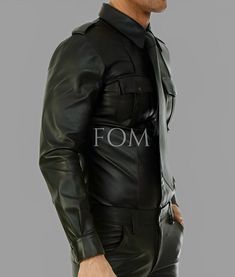 Men's Real Black Leather Police Military Style Shirt Gay Bluf Jacket Cuir | eBay Black Military Men, Men's Military Uniform, Military Style Shirts, Military Style Collared Shirt With Snap Buttons, Mens Leather Shirt, Fetishwear Men Leather, Brown Leather Military Outerwear, Leather Shirt, Military Fashion