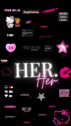 the back side of a poster with pink and black lettering on it, including hello kitty