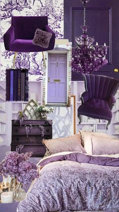 a bedroom with purple furniture and wallpaper in the background, including a chandelier