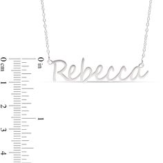 Your look isn't complete without this elegant personalized necklace. Crafted in sterling silver, this style features your name - from two to eight characters in length - sculpted in a cursive script font. Polished to a bright shine, this design suspends centered along a 16.0-inch rolo chain that secures with a spring-ring clasp. Minimalist Sterling Silver Name Necklace For Formal Occasions, Signature Silver Jewelry With Names, Signature Sterling Silver Name Jewelry, Signature Sterling Silver Jewelry With Name, Personalized Sterling Silver Signature Jewelry, Formal Personalized Initial Pendant Name Necklace, Adjustable Sterling Silver Initials Name Necklace, Customizable Silver Signature Necklace, Classic Engraved Name Necklace For Mother's Day