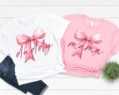 Pink Bow Birthday or Baby Shower Family Shirts  Processing of your order takes 4-9 business days, then shipping is First Class so allow another 3-6 business days.  I only have white for the cousin/brother/sister shirts. Shirts will come on colored shirts as pictured.  Don't see the name you are looking for? I can make it for you! Please read then purchase the Personalization fee: https://www.etsy.com/listing/962838250/personalization-fee-5-for-family-shirt?ref=listings_manager_table Now the whol Pink Tops For Mother's Day Gift, Pink Top For Mother's Day Gift, Pink Family Matching Tops For Gender Reveal, Family Matching Pink Tops For Gender Reveal, Personalized Pink Tops For Mother's Day, Personalized Pink Top As Gift, Pink Tops For Gender Reveal With Custom Print, Customizable Pink Tops For Gifts, Customizable Pink Tops For Gift