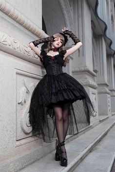 Black Elegant Bride Gorgeous Tea Party Gothic Lolita Tiered Dress – LolitaInside Kawaii Outfits, Black Ruffle Skirt, Lolita Outfits, Mermaid Outfit, Dark Rose, Goth Dress, Elegant Bride, Funny Outfits, After Life