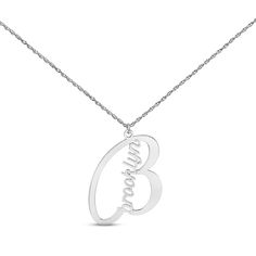 Perfectly personalized, this necklace makes an ideal gift and keepsake. The name is spelled out in graceful script inside an open silhouette of its first initial and crafted in 14K white gold. The adjustable 16-inch rope chain has a 2-inch extender and secures with a spring ring clasp. Customization is limited to 1 initial and a maximum of 8 letters. Personalized White Gold Initial Necklace For Anniversary, Formal Personalized Initial Pendant Name Necklace, Personalized Name Necklace For Valentine's Day Formal Occasion, Customizable White Gold Initial Pendant Necklace, White Gold Initial Necklace For Mother's Day, Personalized White Gold Name Necklace For Mother's Day, White Gold Initials Necklace For Mother's Day, White Gold Name Necklace For Mother's Day, White Gold Mother's Day Name Necklace