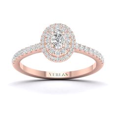 a rose gold engagement ring with an oval halo setting and pave diamonds on the band