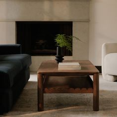 a living room with two couches and a coffee table in front of a fireplace