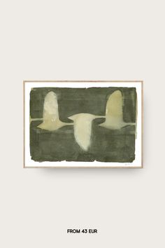 two white birds flying in the sky above green water with text that reads from 43 eur